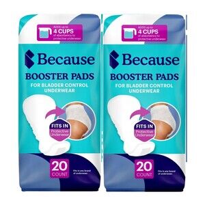 Because Booster Pads – 2-Pack (20 ct ea), Overnight, 4 Cup Absorbency, Adhesive
